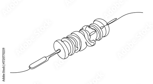 Line drawing of a sewing machine with thread and bobbin  