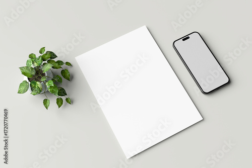 Realistic A4 blank paper and smartphone mockup isolated on a gray background. 3D rendering