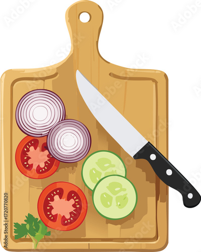 Fresh raw vegetables including tomato, onion, and cucumber sliced on a wooden cutting board with a kitchen knife for healthy meal preparation