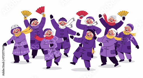 Group of people in purple coats dancing with fans in winter scene