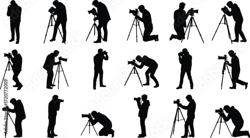 Photographer silhouette poses, camera tripod setup, professional shooting stance, photography technique, black figure icons, creative posture collection, white background