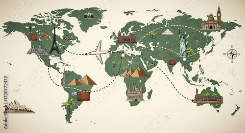 World travel destinations map with airplane route and famous landmarks for global tourism and vacation planning