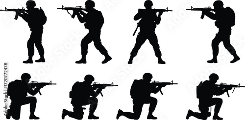 Armed soldier silhouettes, tactical combat poses, rifle aiming positions, military action stances, black figures, warfare icons, defense illustration, white background