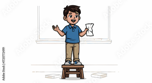 Man standing on a stool holding an hourglass in a blank presentation setting