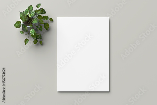 A4 white paper mockup isolated on a gray background with realistic table flowers decoration