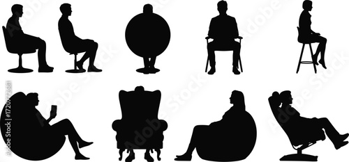Seated figure silhouettes, chair posture variations, furniture styles, ergonomic poses, black vector icons, reading and relaxing, white background