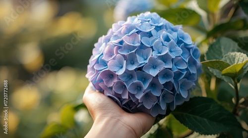 A person's hand gently holds a ripe blue flower close-up in a summer garden