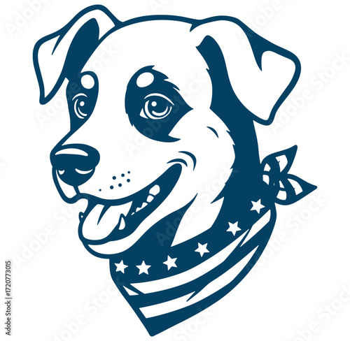 Patriotic dog wearing an american flag bandana smiling and looking cheerful in vector illustration