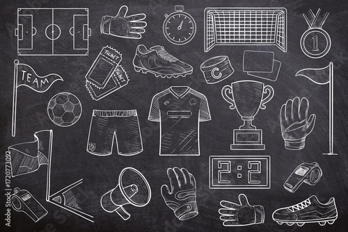 Fotografie Various of football elements set on black background