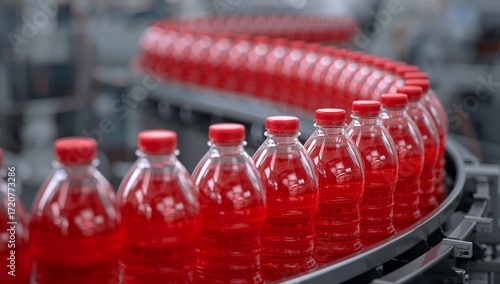 A continuous line of red soda bottles moving on a conveyor belt