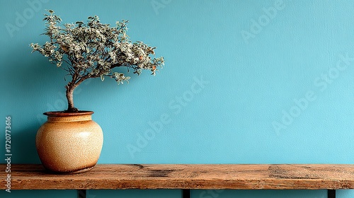 Small tree in pot on wooden shelf against a blue wall.