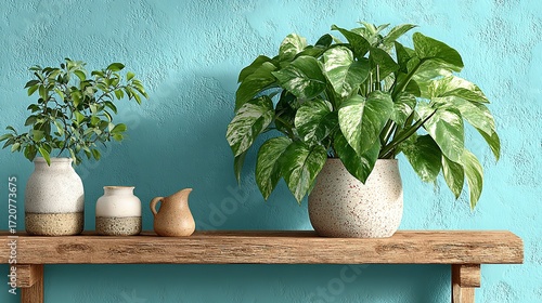 Potted plants and vases on a wooden shelf against a blue textured wall.
