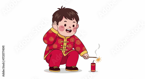 A young boy in traditional attire igniting a firework with excitement and joy