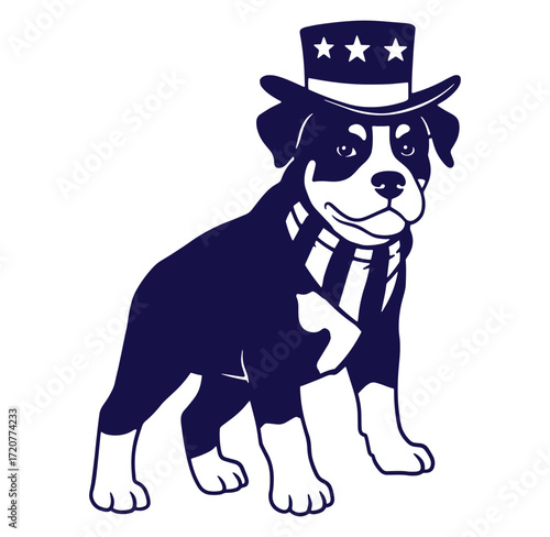 Patriotic dog wearing uncle sam hat and scarf celebrating american independence