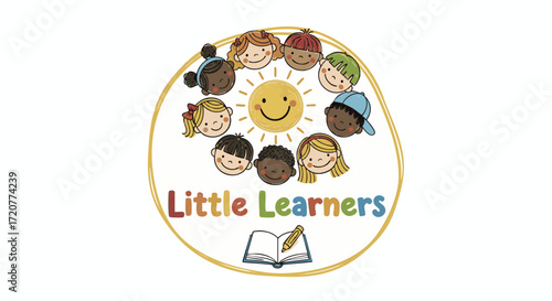 Diverse children gathered around a smiling sun symbolizing learning and friendship in a colorful educational setting