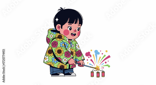 A young child igniting colorful fireworks on a festive occasion outdoors