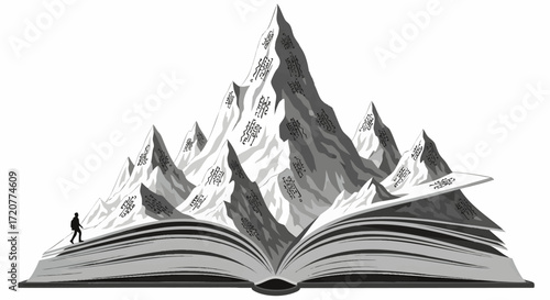 A person stands on an open book with mountain peaks rising from its pages, viewed from the front