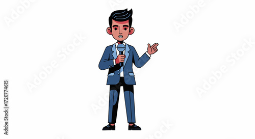 A man in a blue suit gesturing while holding a phone