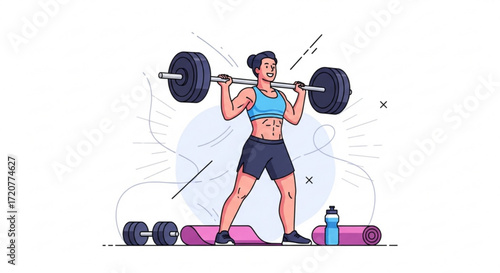Woman weightlifting barbell workout strength training fitness exercise gym healthy lifestyle illustration vector art