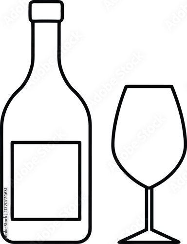 Vector art of a simple black and white line drawing of a wine bottle with a blank label and a wine glass