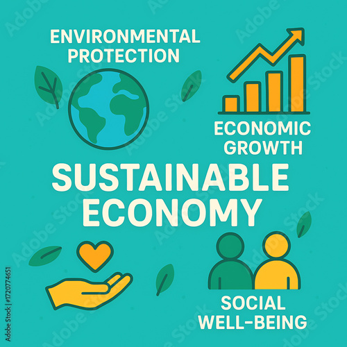 Vibrant illustration showcasing the core elements of a sustainable economy, emphasizing environmental care, balanced economic progress, and social equity for global well-being