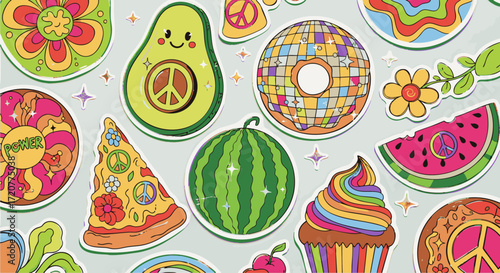 A vibrant illustration featuring fruits and desserts with peace signs and colorful patterns on a light background viewed from directly above.