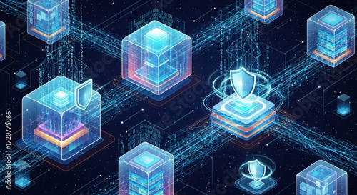 Blockchain technology network data security system with shield protection and digital binary code background