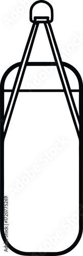Vector art of a simple black and white line art illustration of a punching bag hanging from straps, isolated on a, representing boxing and fitness