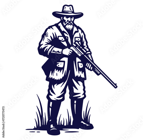 Silhouette illustration of a bearded hunter holding a rifle with cowboy hat and outfit
