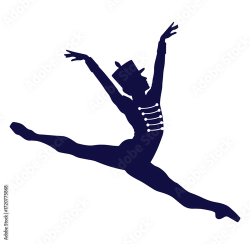 Silhouette of a marching band member performing a split leap on a white background