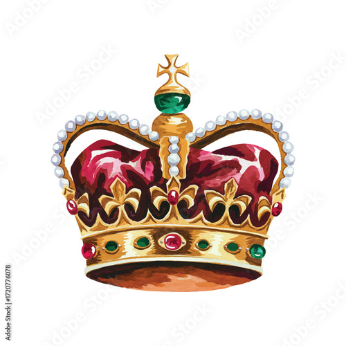 Ornate gold crown adorned with red and green gemstones and pearls, featuring a cross on top