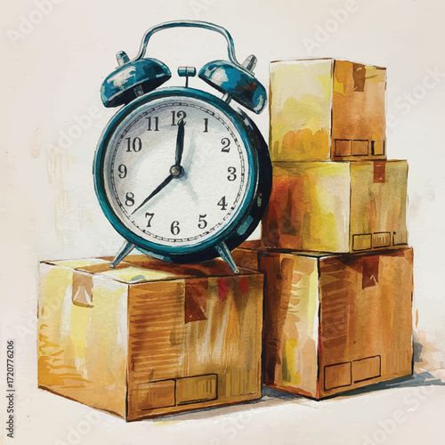 Vintage alarm clock with two bells next to stack of cardboard boxes, depicting timely delivery or shipping concepts