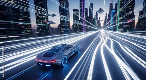 Futuristic Car Light Trails on City Highway at Night - Urban Mobility, High-Speed Transport, Modern Technology