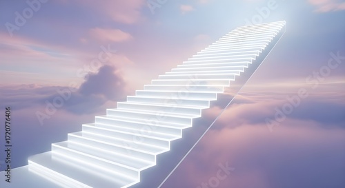 Shining Stairway to Heaven in Clouds - Spiritual Journey, Hope, Ascension, Dreamlike Vision, Elysian Path