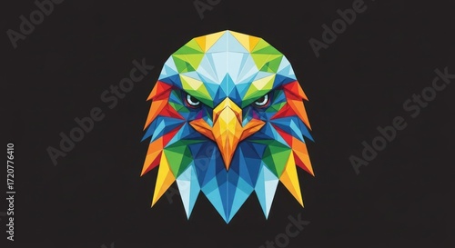 Vibrant geometric eagle head with eyes, a modern and colorful polygonal art illustration showcasing abstract animal power and majesty.