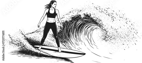 Isolated surfing girl - vector icon. An isolated silhouette of a surfing girl. EPS version.
