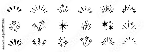 Line icon ray, confetti element set. Starburst line art with hand drawn glitter spark, pop icon shapes and surprise emphasis elements. Decorative sketch style for a sunshine ray vector illustration