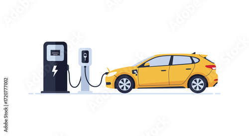 Yellow electric car charging at modern station clean energy transportation futuristic automotive power isolated on white background