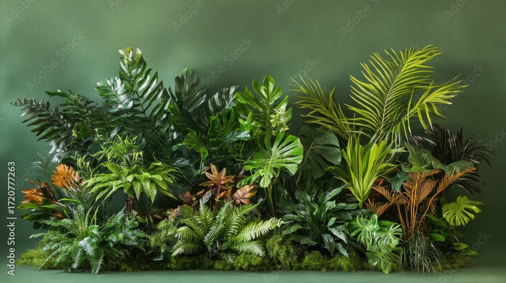 Obraz premium Lush Tropical Greenery Arrangement with Various Leafy Plants and Foliage