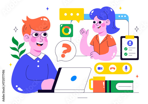 Remote Job Interview via Video Call Illustration Featuring HR and Candidate Communication for Recruitment and Hiring in Remote Work in a Background
