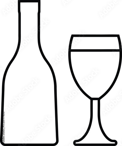 Vector art of a minimalist line art illustration of a wine bottle and a wine glass, isolated on a, representing a simple and elegant beverage concept
