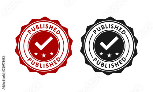 vintage "Published" stamp icon with a check mark and stars. Retro rubber seal for approved, certified, and validated publications or documents. Vector graphic element.
