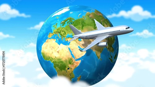 Airplane soaring around the vibrant Earth, symbolizing global travel and adventure.