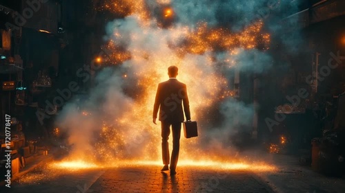 Businessman walks away from explosion in city street