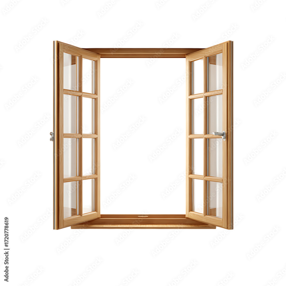 Obraz premium Open wooden casement window isolated on transparent background