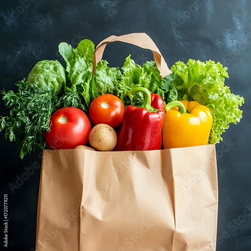Wallpaper Mural Paper grocery bag filled with fresh organic vegetables including tomatoes, peppers, broccoli, lettuce, zucchini, and eggplant on rustic dark background for sustainable healthy living Torontodigital.ca