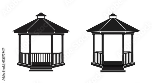 Two classic gazebo designs showcasing architectural features and garden structure elements isolated on white background