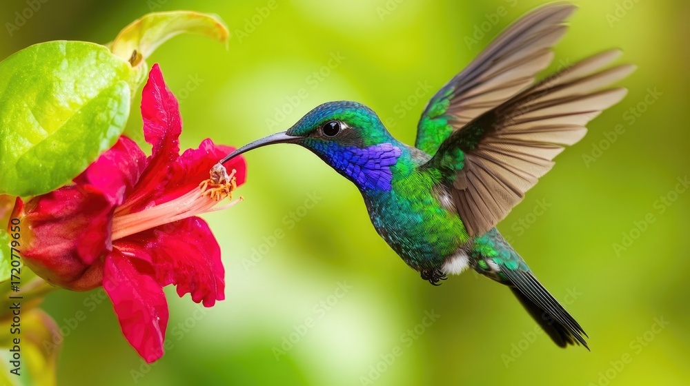 Obraz premium Vibrant hummingbird in flight, feeding on a red flower