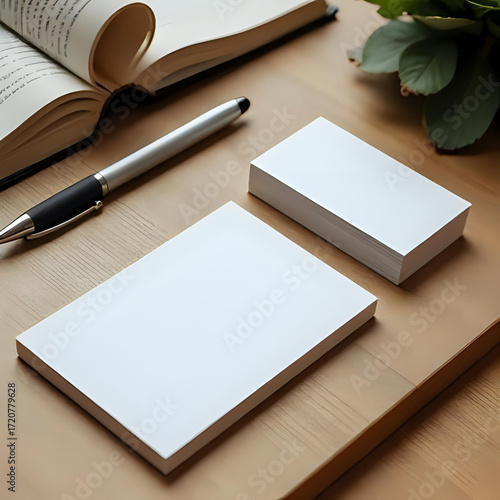Blank business cards and a pen on a wooden desk next to an open book, perfect for branding mockups