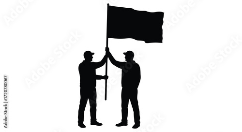 Two silhouetted figures holding a black and white flag together in unity and collaboration isolated on white background